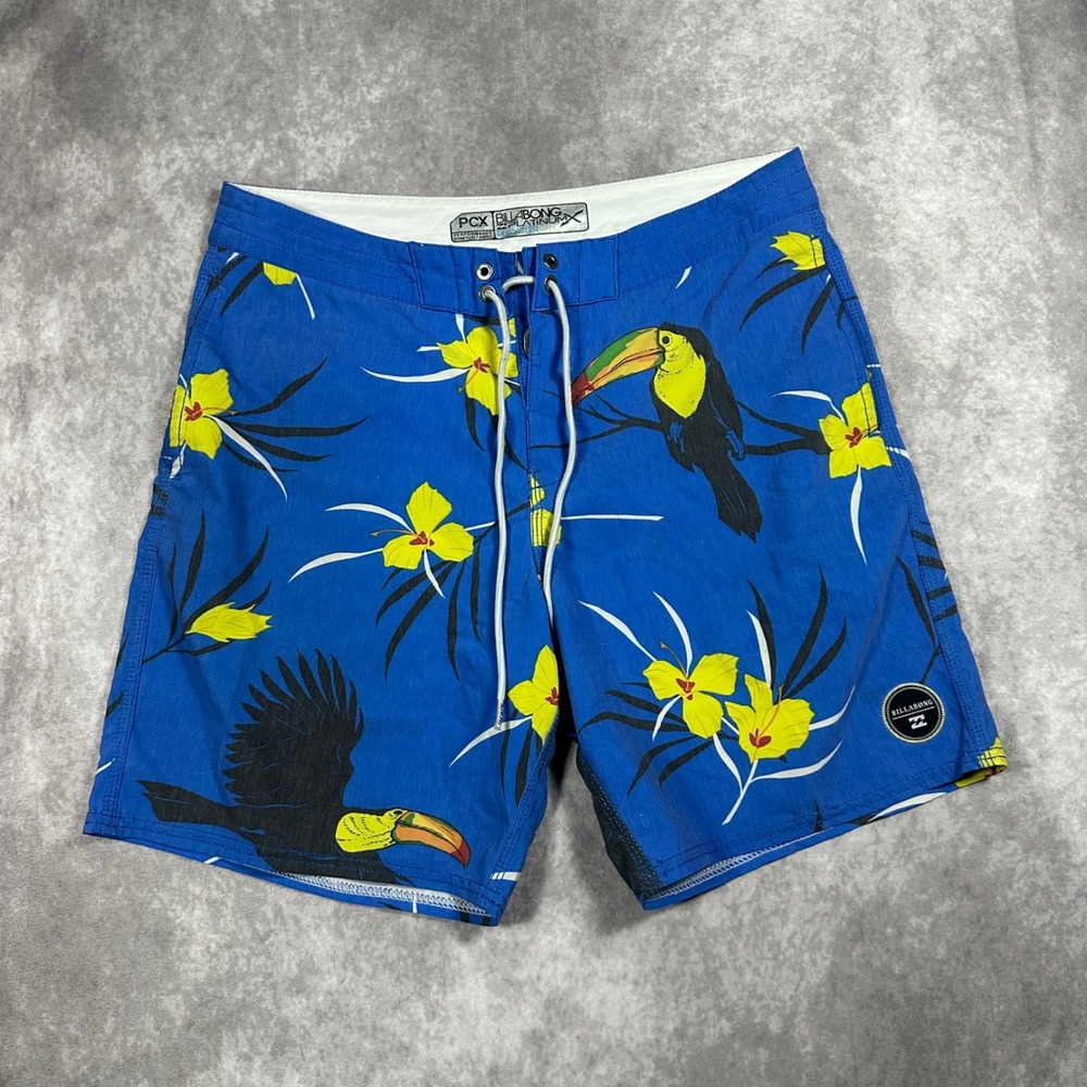 Billabong Platinum X Board Shorts Men 32 Blue Toucan Floral Tropical Swim Trunks